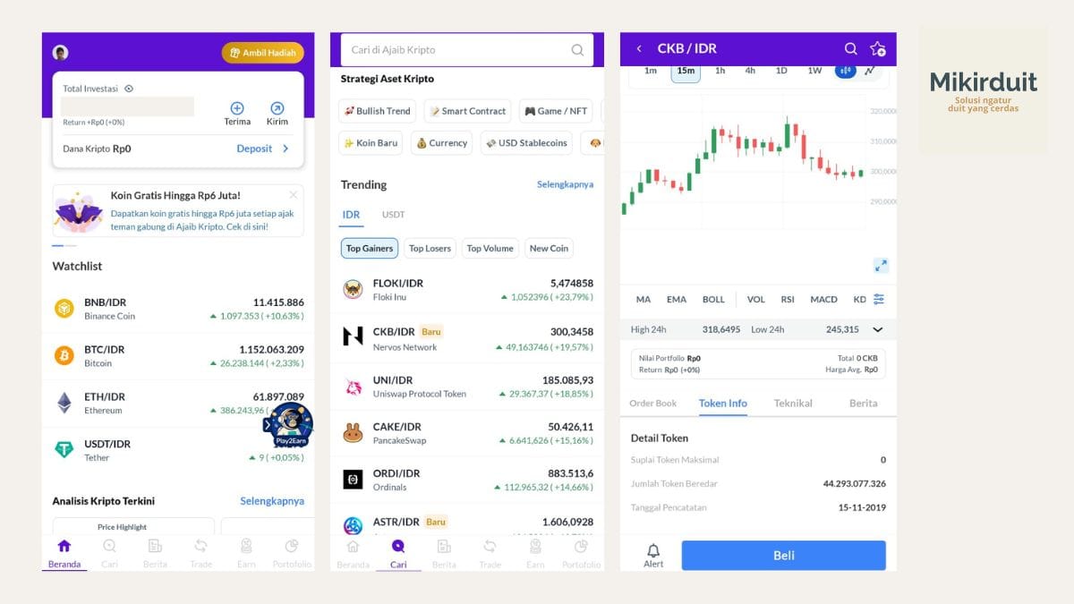 Tampilan Home, Cari, dan deskripsi serta chart per kripto dari aplikasi Ajaib Kripto