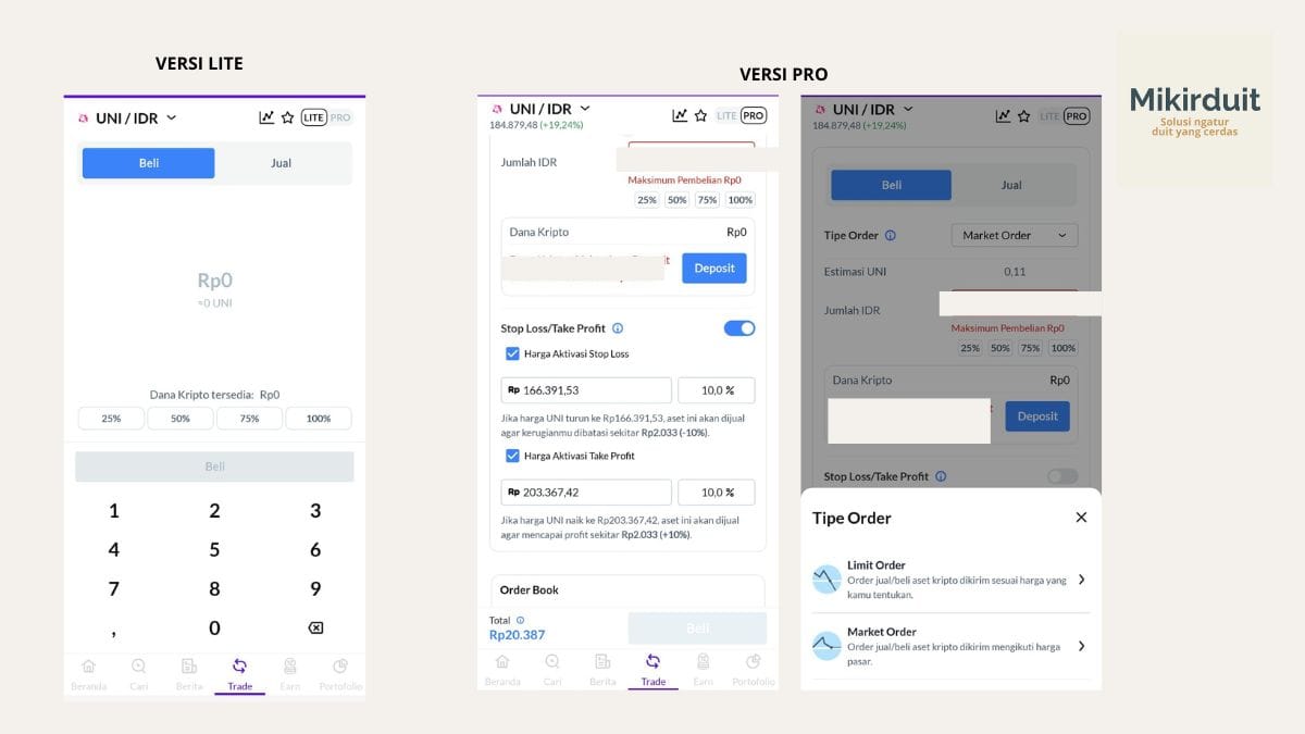 Dua mode transaksi dari yang lite (sederhana tinggal jual-beli) hingga mode pro yang bisa tentukan stop loss dan sebagainya